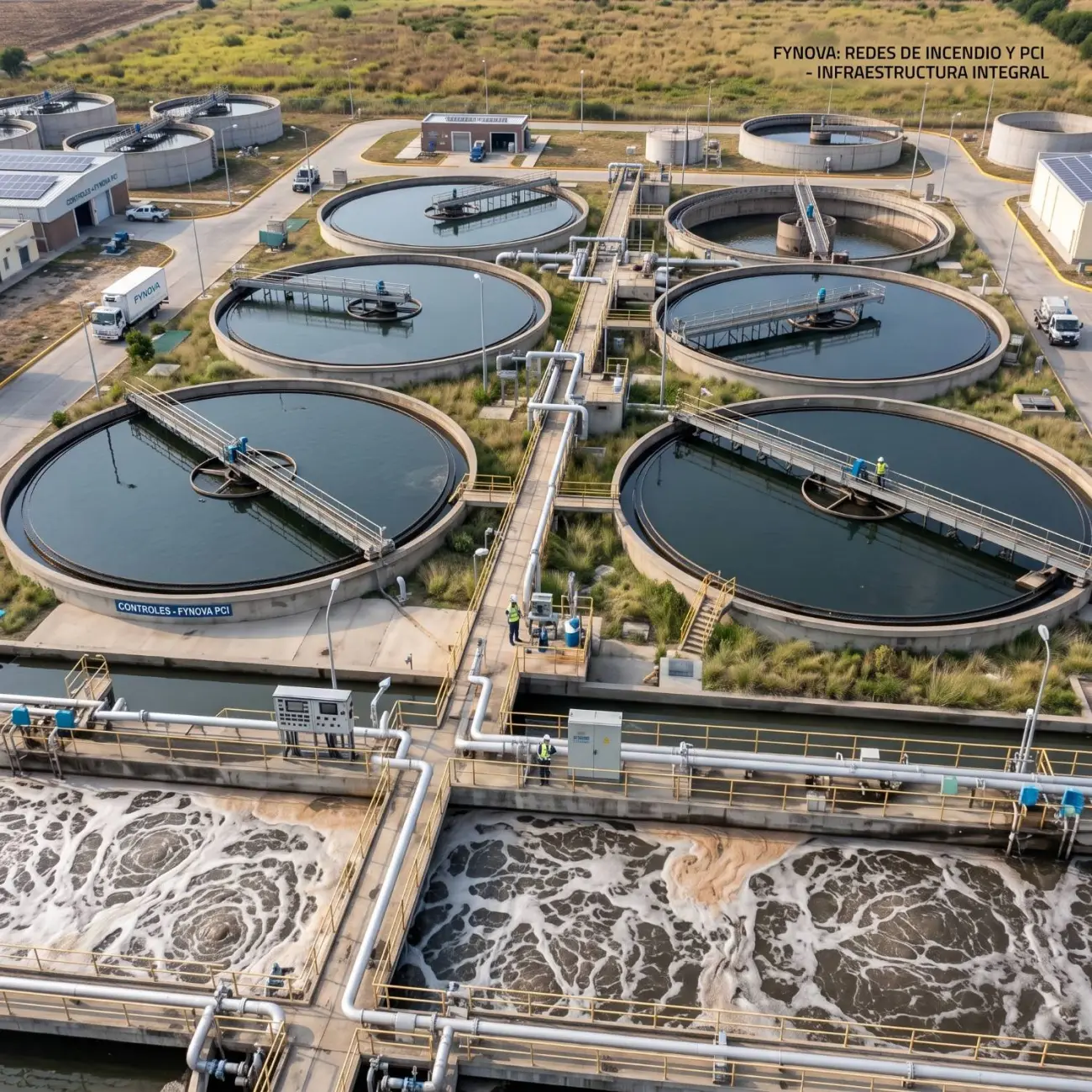 Vista aérea de planta de tratamiento de efluentes industriales con clarificadores circulares